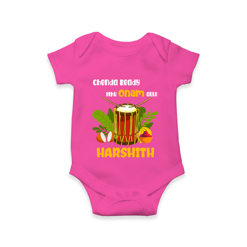Chenda Ready Ithu Onam Alle Romper / Onesie | Custom Baby Romper / Onesie for Onam Fun with Chenda - HOT PINK - New Born (Chest 14")
