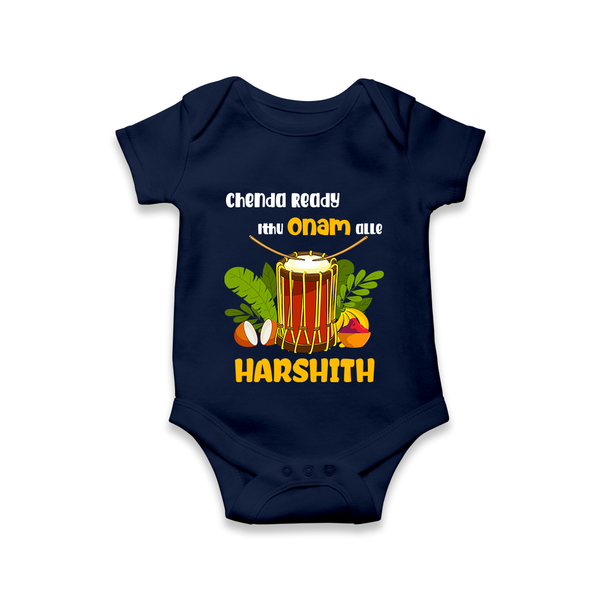 Chenda Ready Ithu Onam Alle Romper / Onesie | Custom Baby Romper / Onesie for Onam Fun with Chenda - NAVY BLUE - New Born (Chest 14")