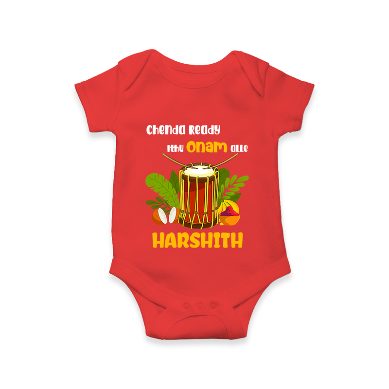 Chenda Ready Ithu Onam Alle Romper / Onesie | Custom Baby Romper / Onesie for Onam Fun with Chenda - RED - New Born (Chest 14")