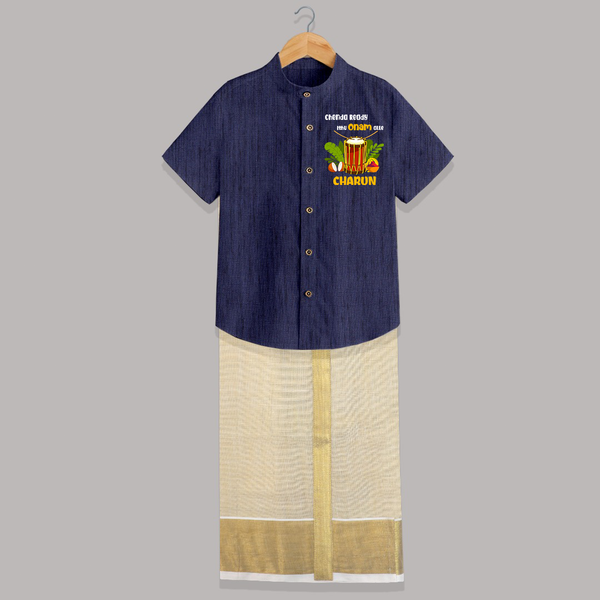 Chenda Ready Onam Celebration Shirt and Dhoti - DARK BLUE - 0 - 6 Months Old (Chest-23") (Dhoti length-14")