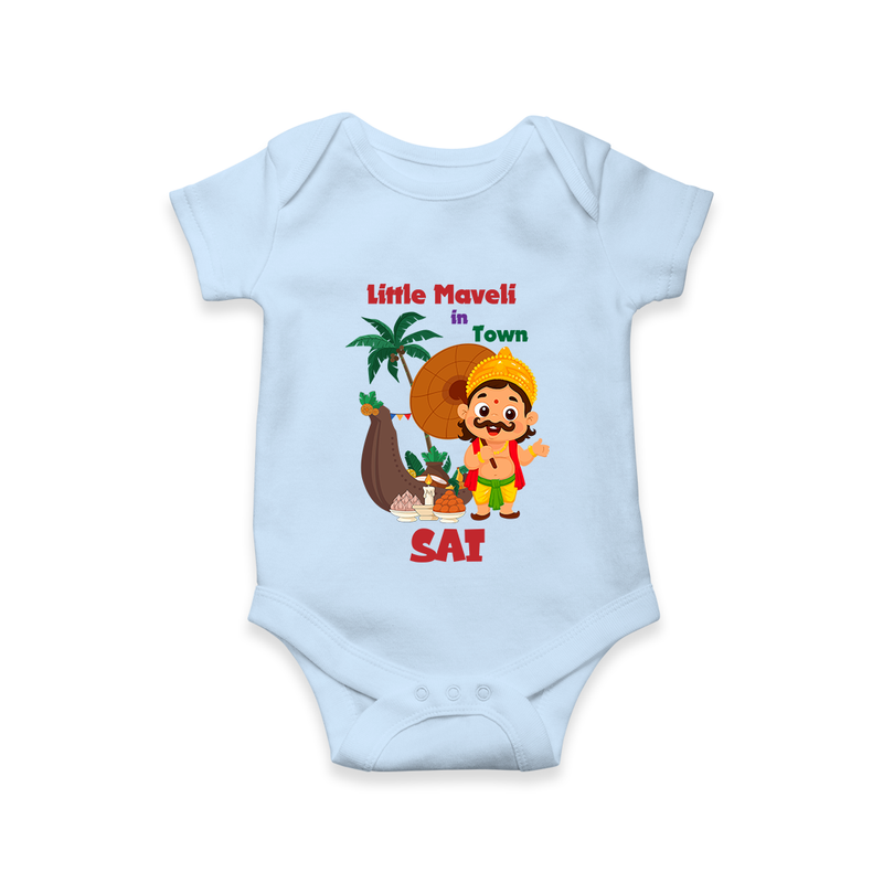 Little Maveli in Town Romper / Onesie | Personalized Baby Romper / Onesie for Onam Celebrations - BABY BLUE - New Born (Chest 14")