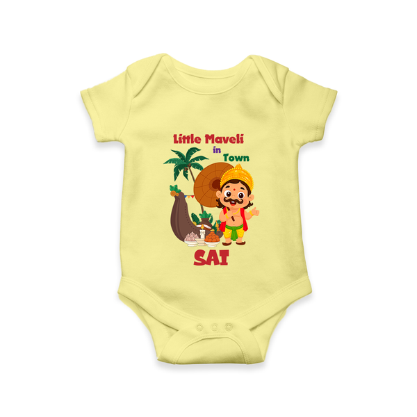 Little Maveli in Town Romper / Onesie | Personalized Baby Romper / Onesie for Onam Celebrations - PASTEL YELLOW - New Born (Chest 14")