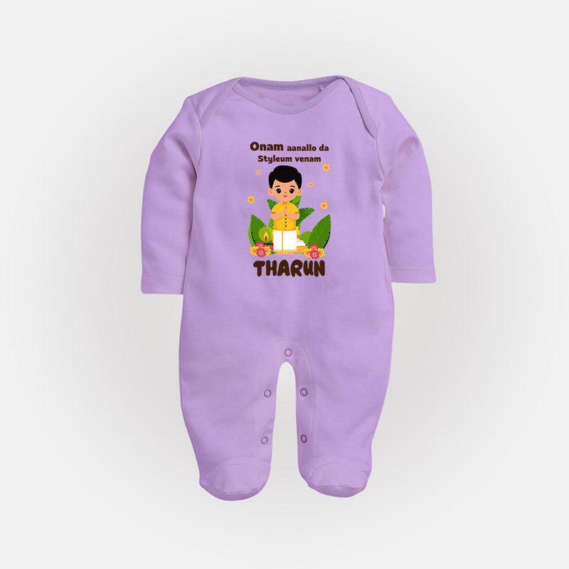 Onam Aanallo Da Styleum Venam Sleep Suit | Custom Baby Sleep Suit for Onam Style - LILAC - New Born (Chest 7.5")