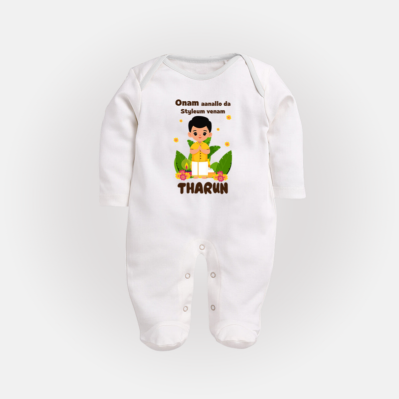Onam Aanallo Da Styleum Venam Sleep Suit | Custom Baby Sleep Suit for Onam Style - WHITE - New Born (Chest 7.5")