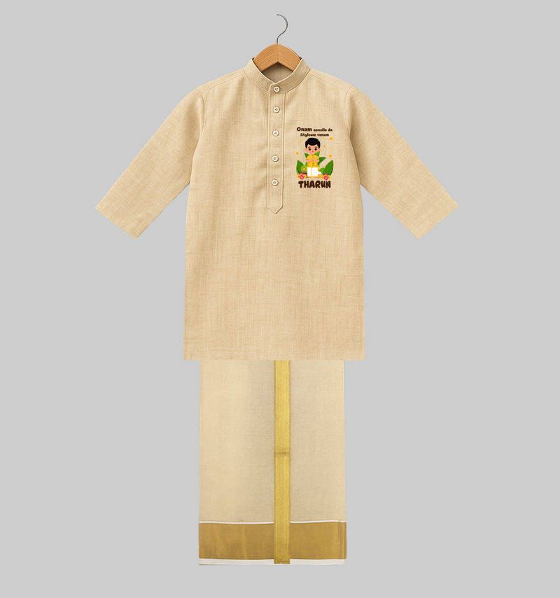 Onam Aanallo Da Styleum Venam Juba And Mundu | Custom Baby Juba And Mundu for Onam Style - KASAVU - 3 - 6 Months Old (Chest 24", Kurta Length 14'', Dhoti length-14")