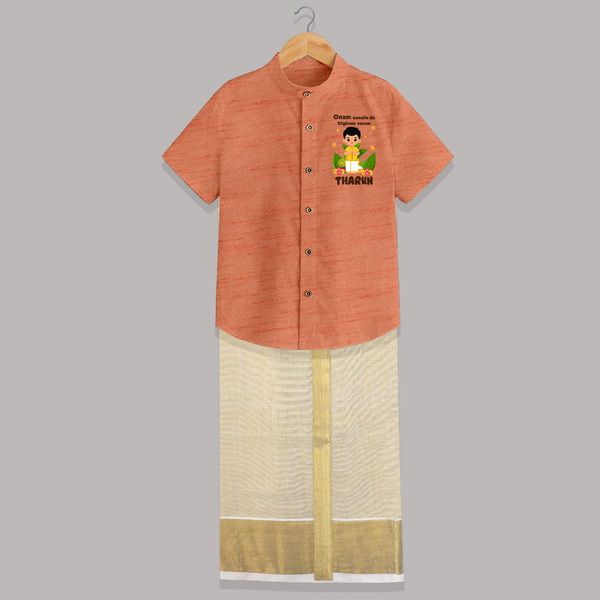 Onam Aanallo Da Styleum Venam Shirt And Dhoti | Custom Baby Shirt And Dhoti for Onam Style - ORANGE - 0 - 6 Months Old (Chest-23") (Dhoti length-14")