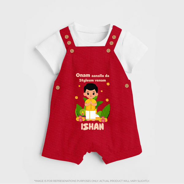 Onam Aanallo Da Styleum Venam Dungaree Set | Custom Baby Dungaree Set for Onam Style - RED - 0 - 5 Months Old (Chest 18")