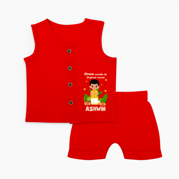 Onam Style Traditional Boy Jabla Shorts Set - RED - 0 - 3 Months Old (Chest 9.8")