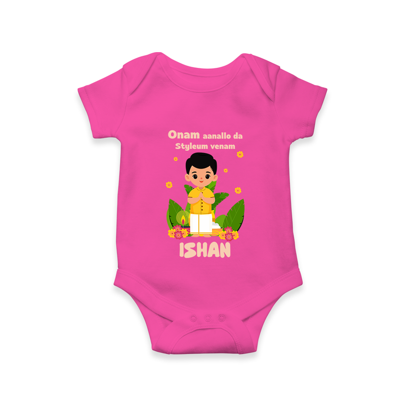 Onam Aanallo Da Styleum Venam Romper / Onesie | Custom Baby Romper / Onesie for Onam Style - HOT PINK - New Born (Chest 14")