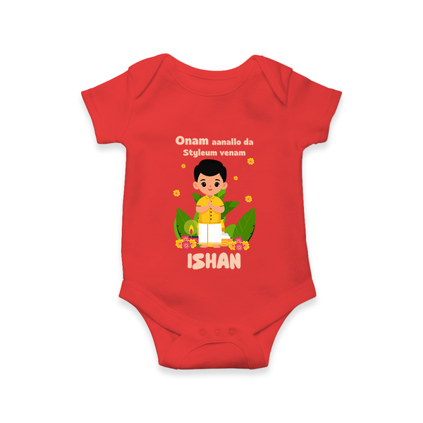 Onam Aanallo Da Styleum Venam Romper / Onesie | Custom Baby Romper / Onesie for Onam Style - RED - New Born (Chest 14")