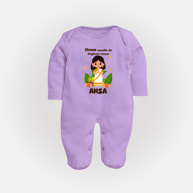 Onam Aanallo Da Styleum Venam Sleep Suit | Personalized Baby Sleep Suit for Onam Festival - LILAC - New Born (Chest 7.5")
