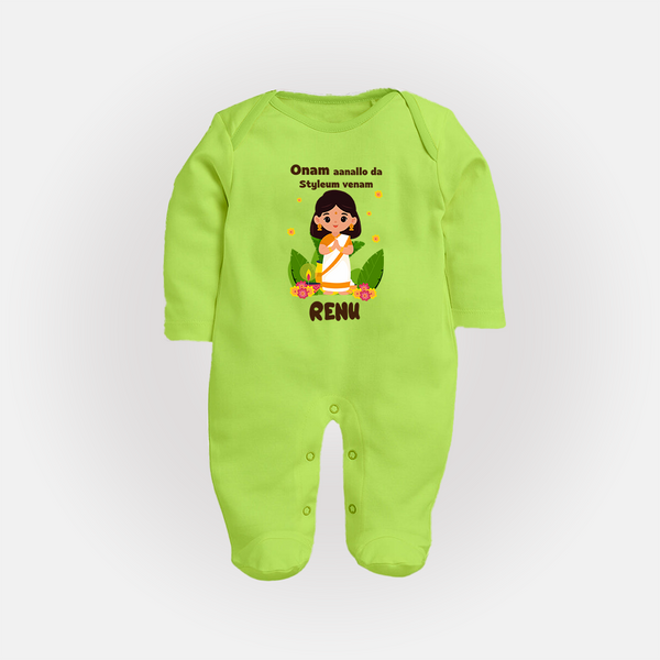 Onam Style Traditional Girl Full Body Suit - LIME GREEN - New Born (Chest 7.5")