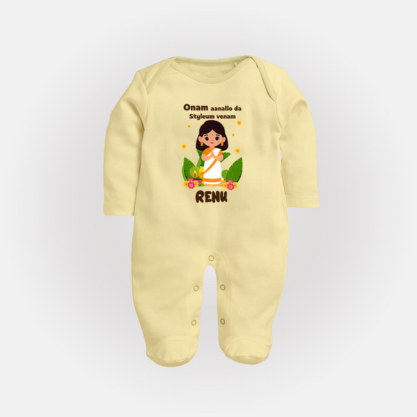 Onam Style Traditional Girl Full Body Suit - PASTEL YELLOW - New Born (Chest 7.5")