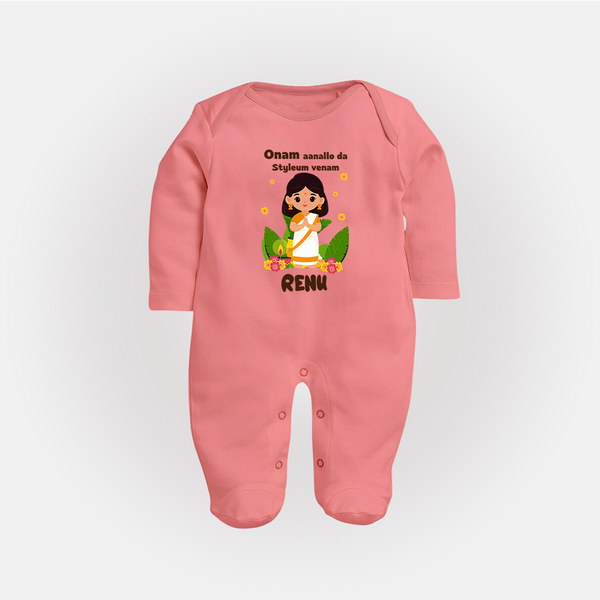 Onam Style Traditional Girl Full Body Suit - PEACH - New Born (Chest 7.5")