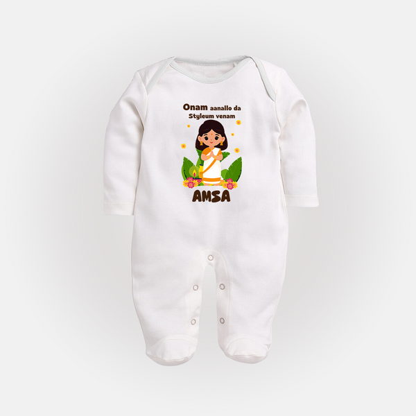 Onam Aanallo Da Styleum Venam Sleep Suit | Personalized Baby Sleep Suit for Onam Festival - WHITE - New Born (Chest 7.5")