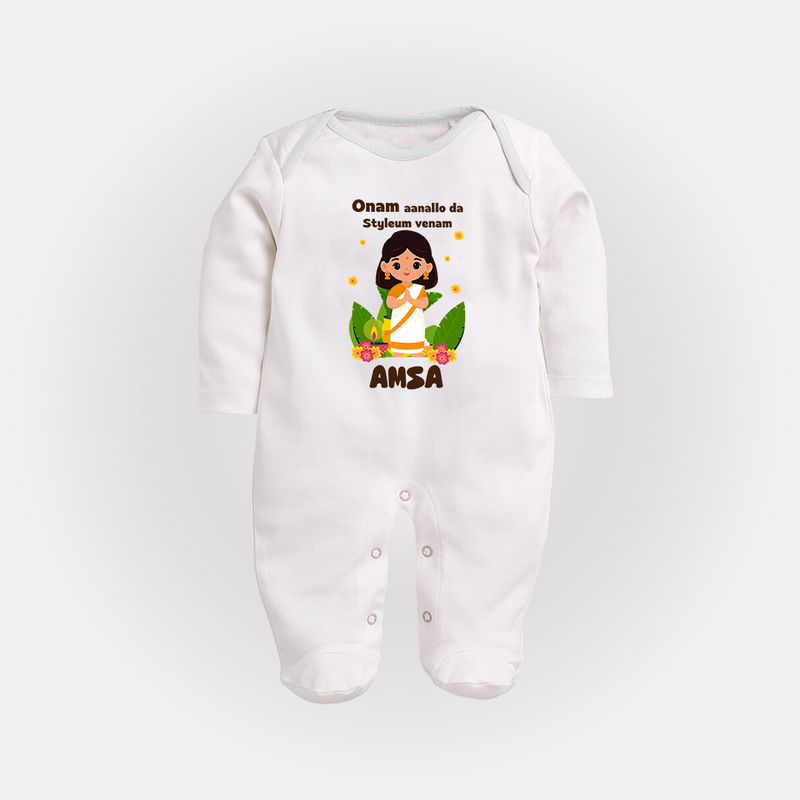 Onam Aanallo Da Styleum Venam Sleep Suit | Personalized Baby Sleep Suit for Onam Festival - WHITE - New Born (Chest 7.5")