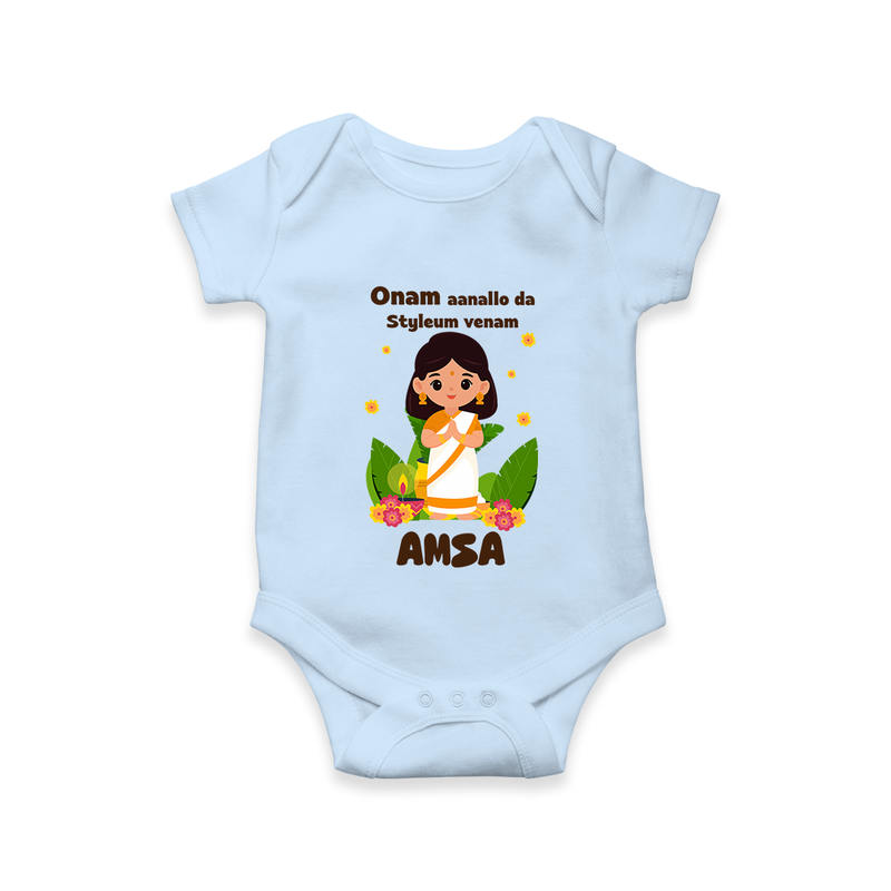 Onam Aanallo Da Styleum Venam Romper / Onesie | Personalized Baby Romper / Onesie for Onam Festival - BABY BLUE - New Born (Chest 14")