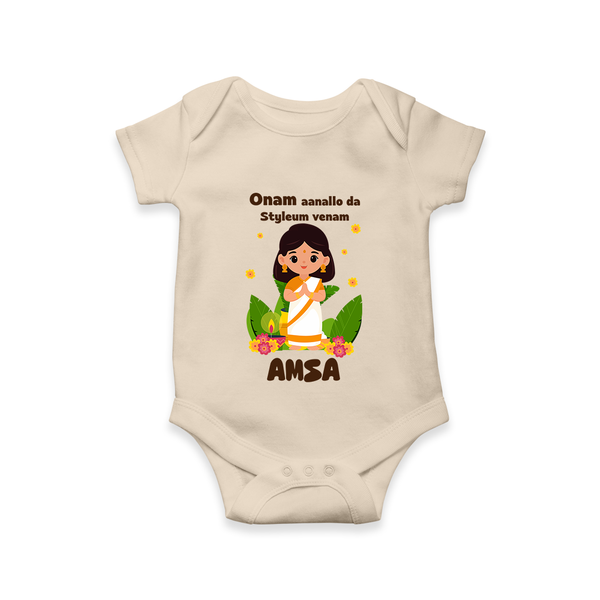 Onam Aanallo Da Styleum Venam Romper / Onesie | Personalized Baby Romper / Onesie for Onam Festival - IVORY - New Born (Chest 14")