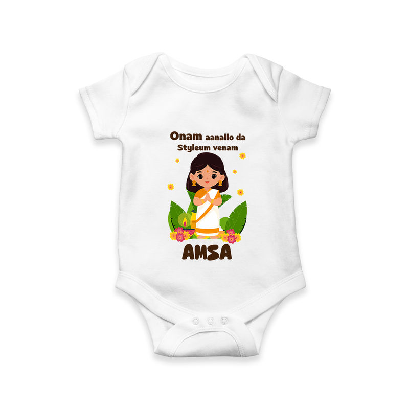 Onam Aanallo Da Styleum Venam Romper / Onesie | Personalized Baby Romper / Onesie for Onam Festival - WHITE - New Born (Chest 14")
