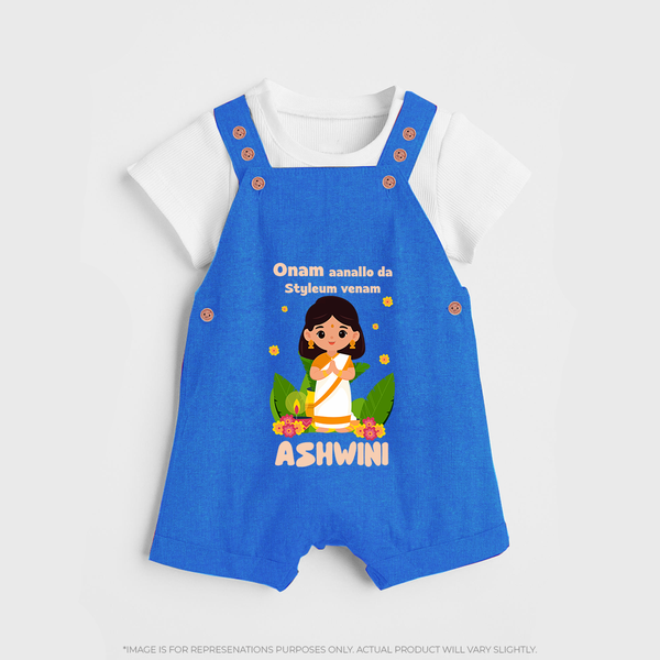 Onam Aanallo Da Styleum Venam Dungaree Set | Personalized Baby Dungaree Set for Onam Festival - COBALT BLUE - 0 - 5 Months Old (Chest 18")