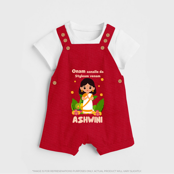 Onam Aanallo Da Styleum Venam Dungaree Set | Personalized Baby Dungaree Set for Onam Festival - RED - 0 - 5 Months Old (Chest 18")