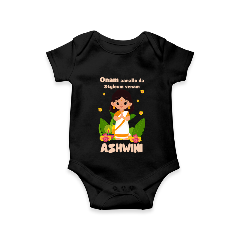 Onam Aanallo Da Styleum Venam Romper / Onesie | Personalized Baby Romper / Onesie for Onam Festival - BLACK - New Born (Chest 14")