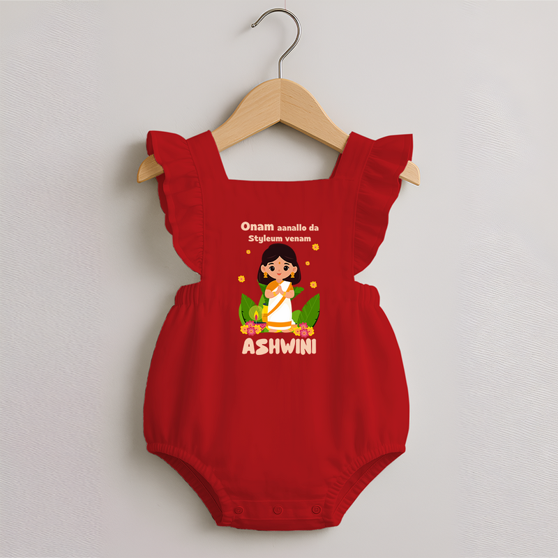 Onam Aanallo Da Styleum Venam Romper Frock | Personalized Baby Romper Frock for Onam Festival - RED - 0 - 3 Months Old (Chest 19")