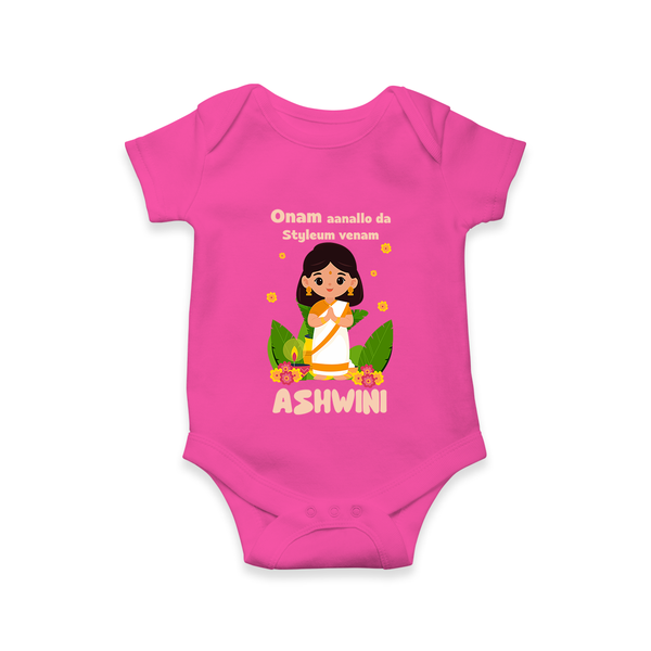 Onam Aanallo Da Styleum Venam Romper / Onesie | Personalized Baby Romper / Onesie for Onam Festival - HOT PINK - New Born (Chest 14")