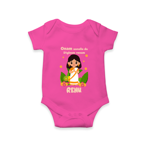 Onam Style Traditional Girl Romper - HOT PINK - New Born (Chest 14")