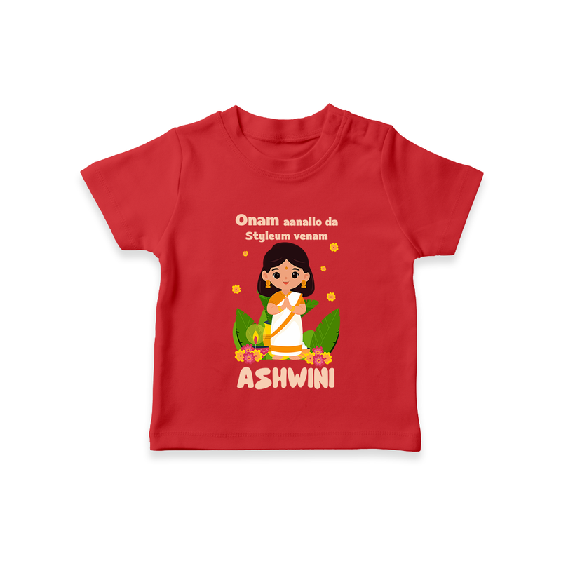 Onam Aanallo Da Styleum Venam T-Shirt | Personalized Baby T-Shirt for Onam Festival - RED - 0-5 Months Old (Chest 17")