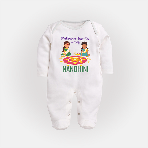 Pookkalam Inspector On Duty Sleep Suit | Custom Baby Sleep Suit for Pookkalam Fun - WHITE - New Born (Chest 7.5")