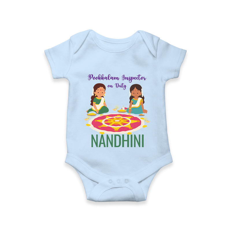 Pookkalam Inspector On Duty Romper / Onesie | Custom Baby Romper / Onesie for Pookkalam Fun - BABY BLUE - New Born (Chest 14")