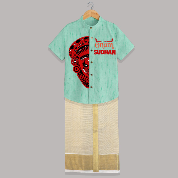  Happy Onam Kathakali Grandeur Personalized Shirt and Dhoti - AQUA GREEN - 0 - 6 Months Old (Chest-23") (Dhoti length-14")
