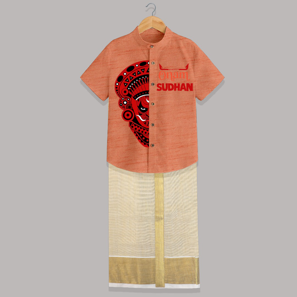  Happy Onam Kathakali Grandeur Personalized Shirt and Dhoti - ORANGE - 0 - 6 Months Old (Chest-23") (Dhoti length-14")