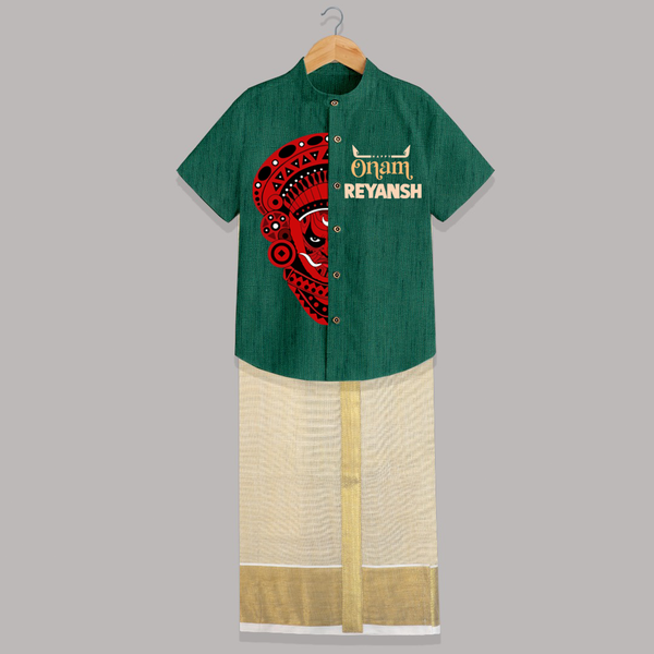  Happy Onam Kathakali Grandeur Personalized Shirt and Dhoti - DARK GREEN - 0 - 6 Months Old (Chest-23") (Dhoti length-14")