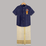 Happy Onam Mini Kathakali Personalized Shirt and Dhoti - DARK BLUE - 0 - 6 Months Old (Chest-23") (Dhoti length-14")