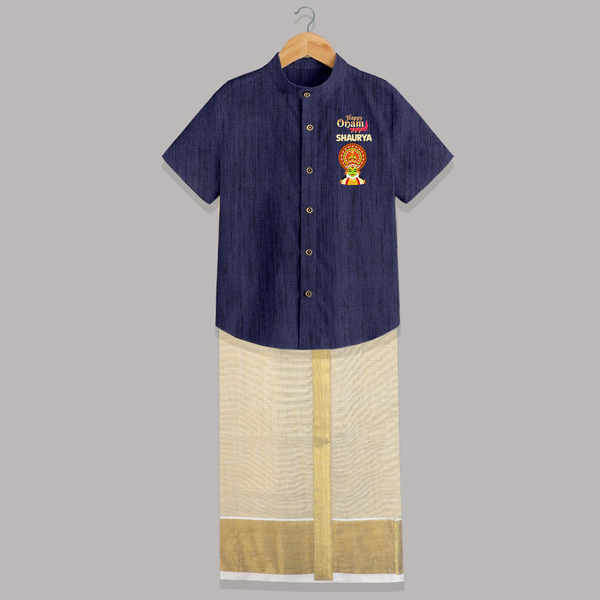 Happy Onam Mini Kathakali Personalized Shirt and Dhoti - DARK BLUE - 0 - 6 Months Old (Chest-23") (Dhoti length-14")