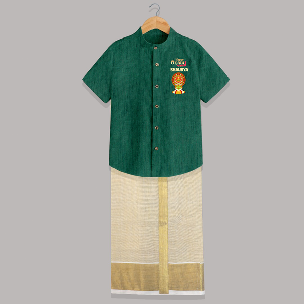 Happy Onam Mini Kathakali Personalized Shirt and Dhoti - DARK GREEN - 0 - 6 Months Old (Chest-23") (Dhoti length-14")