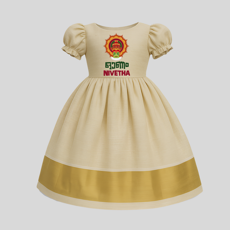 Onam Wishes Pattu Pavada | Personalized Baby Pattu Pavada for Onam Celebration - KASAVU - 0 - 3 Months Old (Chest 18")