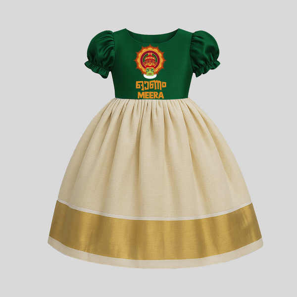 Onam Wishes Pattu Pavada | Personalized Baby Pattu Pavada for Onam Celebration - BOTTLE GREEN - 0 - 3 Months Old (Chest 18")