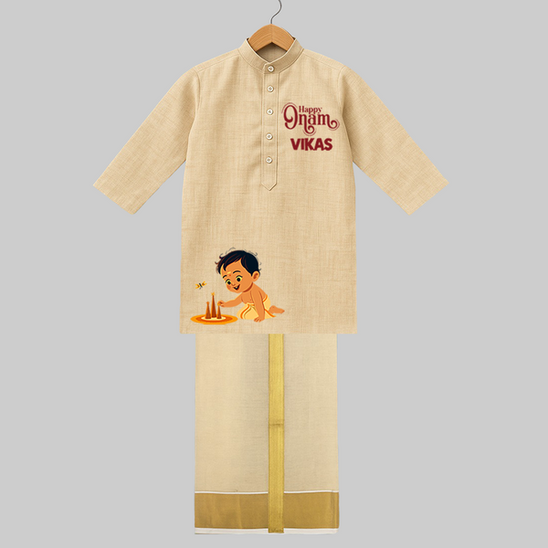 Onam Celebration - Happy Onam Special Edition Juba and Mundu Set | Personalized Baby Outfit for Onam - KASAVU - 3 - 6 Months Old (Chest 24", Kurta Length 14'', Dhoti length-14")