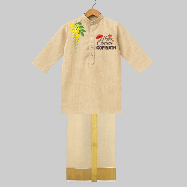 Happy Onam Special Edition Juba and Mundu Set | Custom Juba And Mundu Set for Onam - KASAVU - 3 - 6 Months Old (Chest 24", Kurta Length 14'', Dhoti length-14")