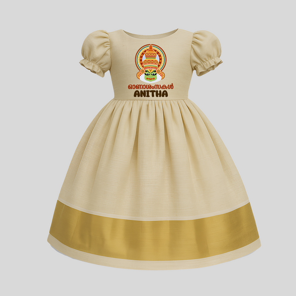 Happy Onam Pattu Pavada | Custom Baby Pattu Pavada for Onam Celebration - KASAVU - 0 - 3 Months Old (Chest 18")
