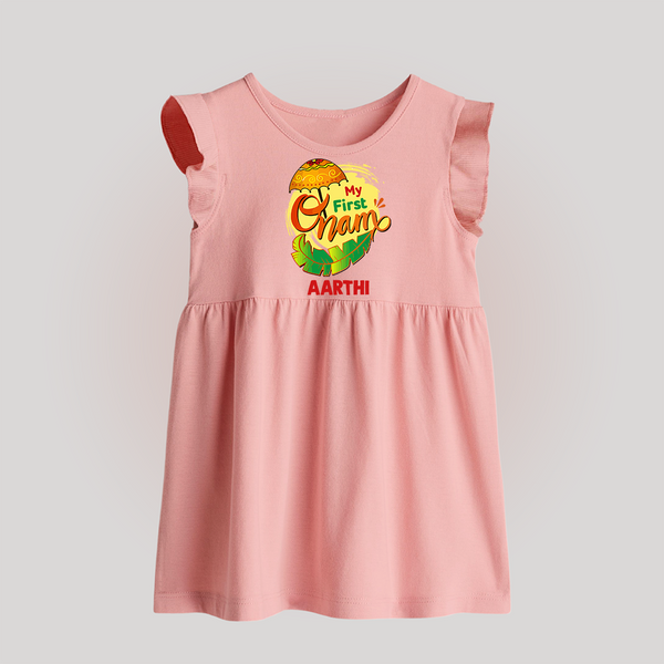  My First Onam Banana Leaf Celebration Baby Frock - BABY PINK - 0 - 3 Months Old (Chest 17")