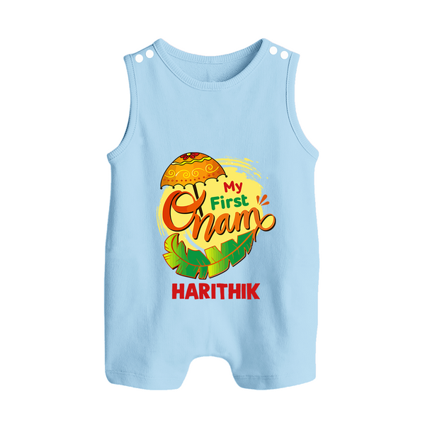  My First Onam Banana Leaf Celebration Button Romper - BABY BLUE - New Born (Chest 18")