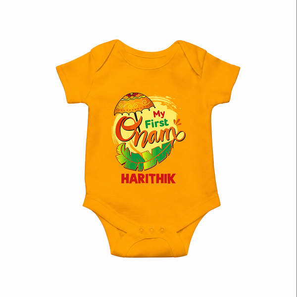  My First Onam Banana Leaf Celebration Romper - CHROME YELLOW - New Born (Chest 14")