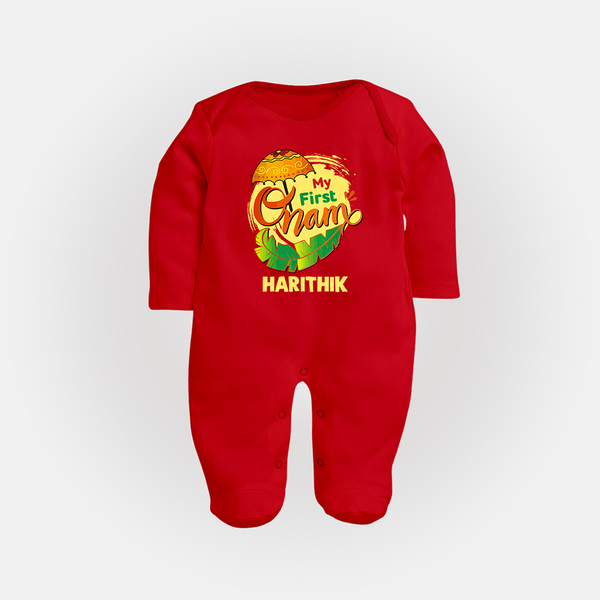  My First Onam Banana Leaf Celebration Full Body Suit - RED - New Born (Chest 7.5")