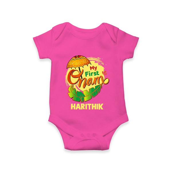  My First Onam Banana Leaf Celebration Romper - HOT PINK - New Born (Chest 14")