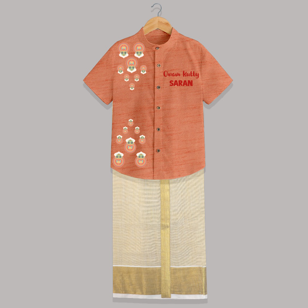 Kathakali Motif Trail Shirt and Dhoti - ORANGE - 0 - 6 Months Old (Chest-23") (Dhoti length-14")