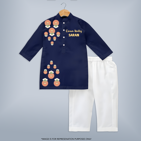 Kathakali Motif Trail Kurta - NAVY BLUE - 3 - 6 Months Old (Chest 24", Kurta Length 14'', Waist 19", Pant Length 14")